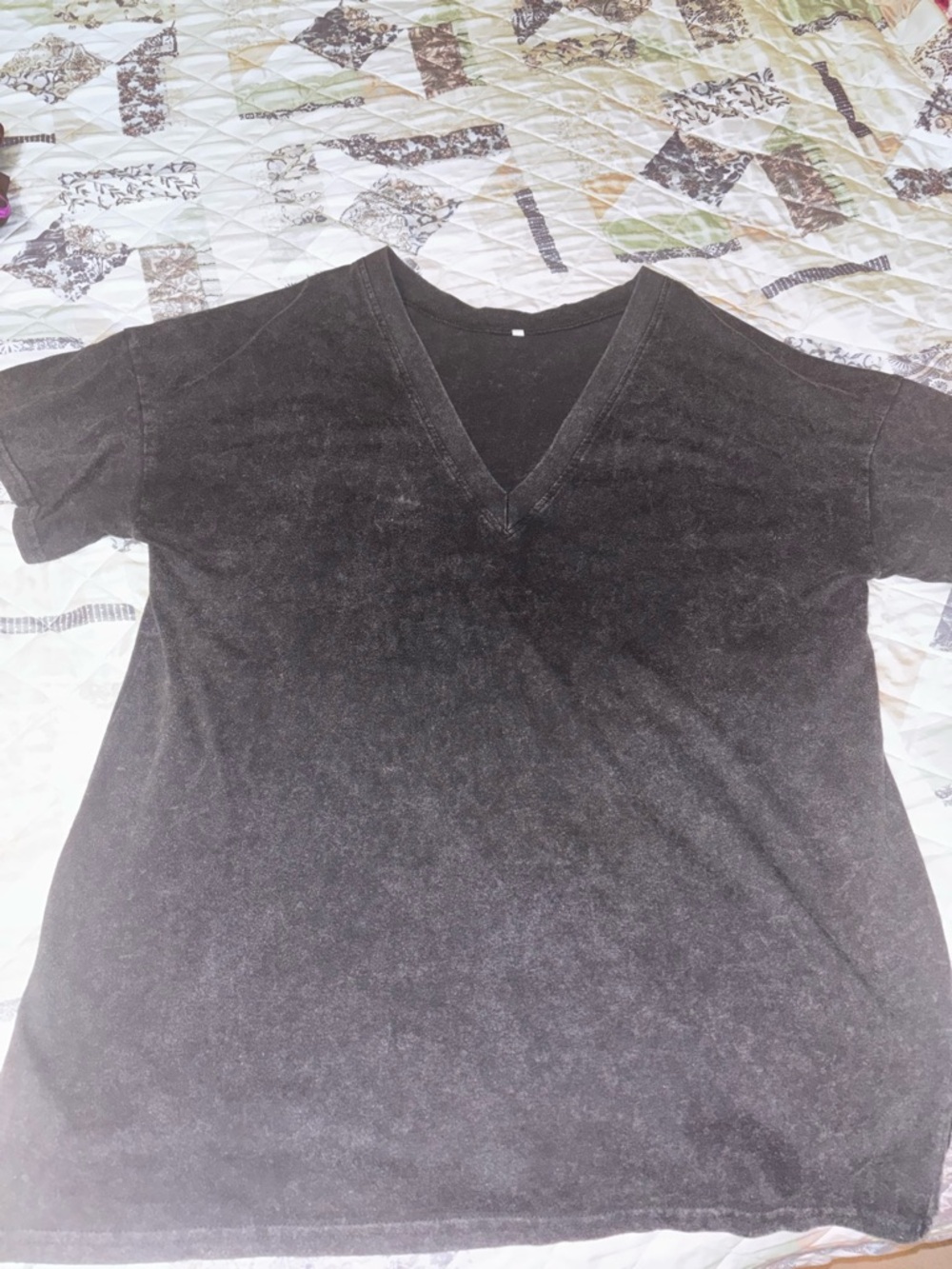 Washed Black V-Neck Long Sleeve Women's Tee